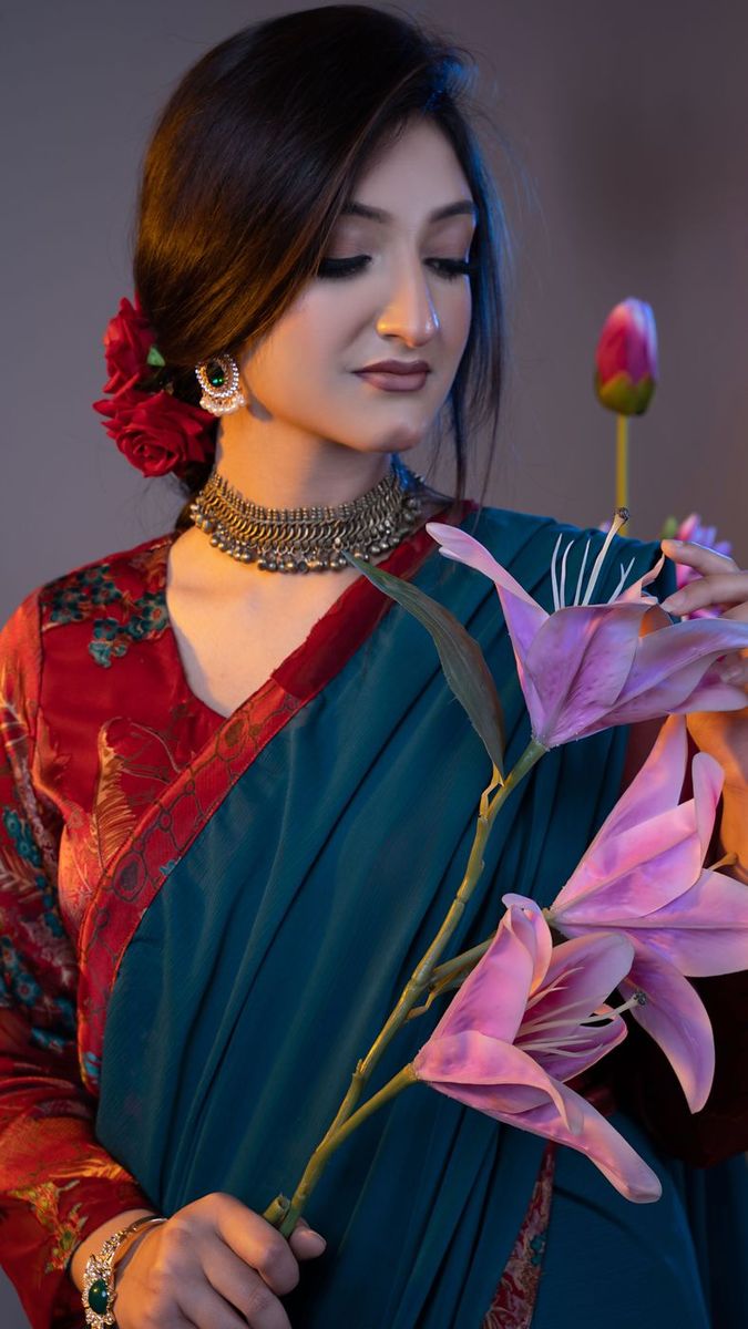 Classic saree portrait with lilies