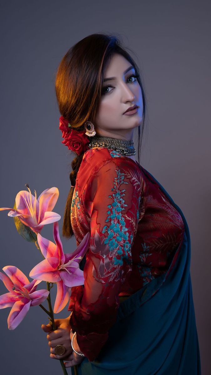 Classic saree portrait with lilies