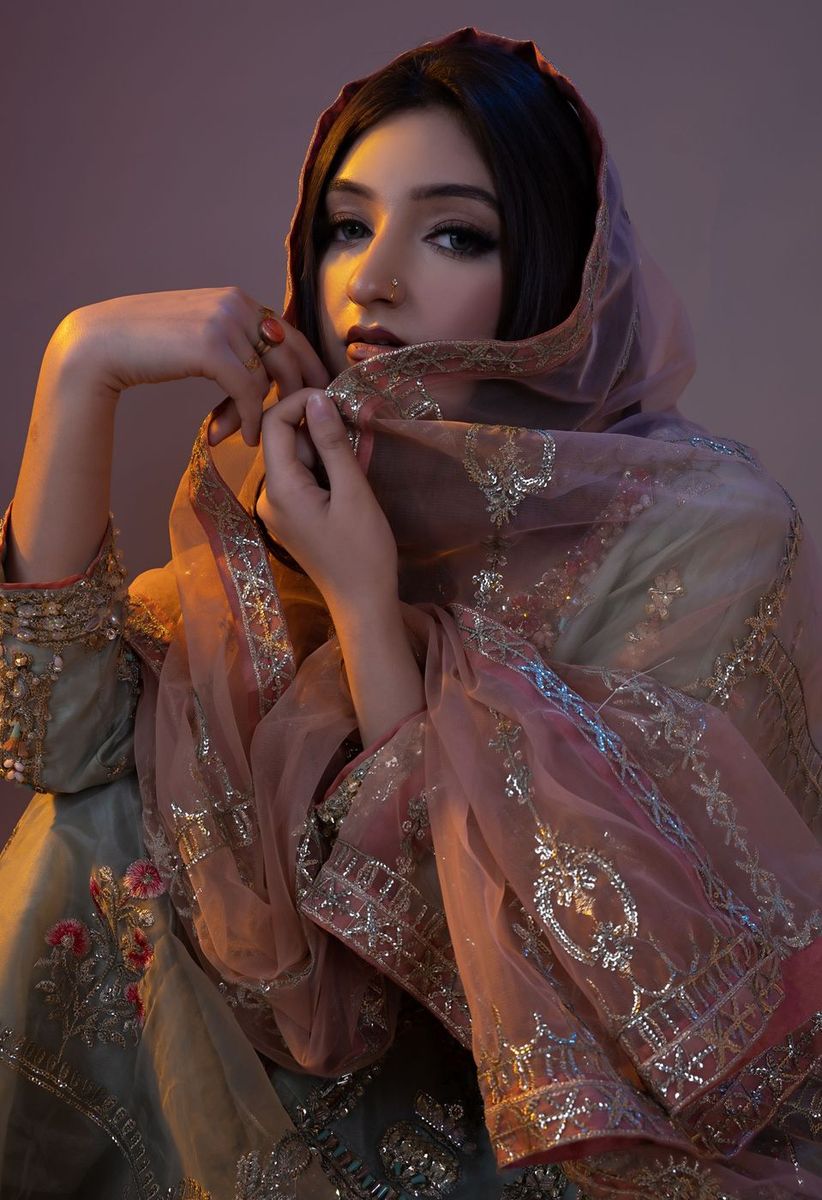 Walima look in sage with a rust dupatta