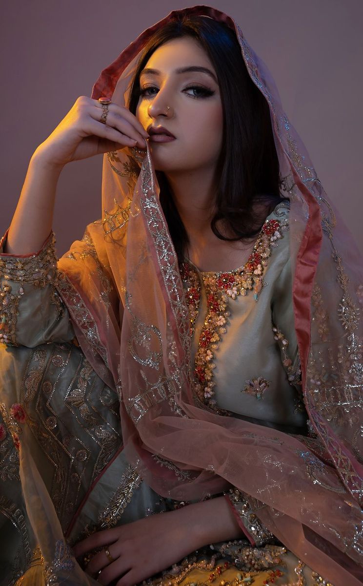 Walima look in sage with a rust dupatta