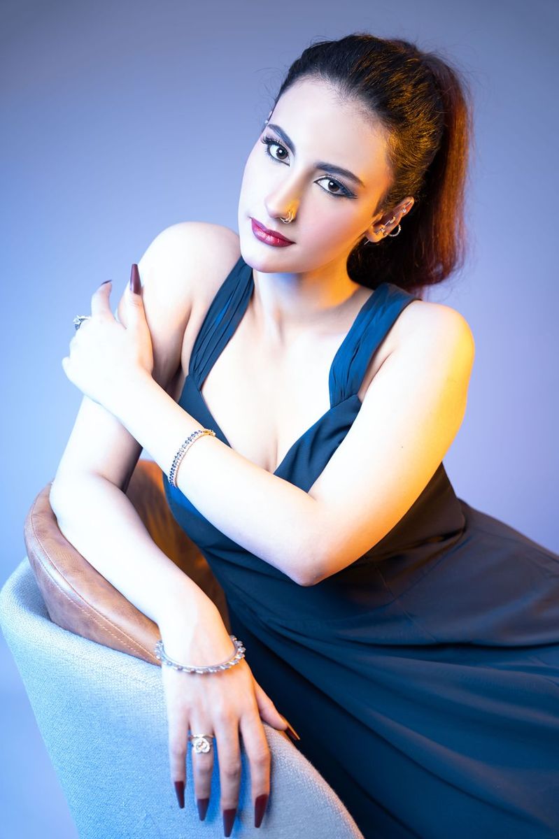 Portrait in a navy evening gown
