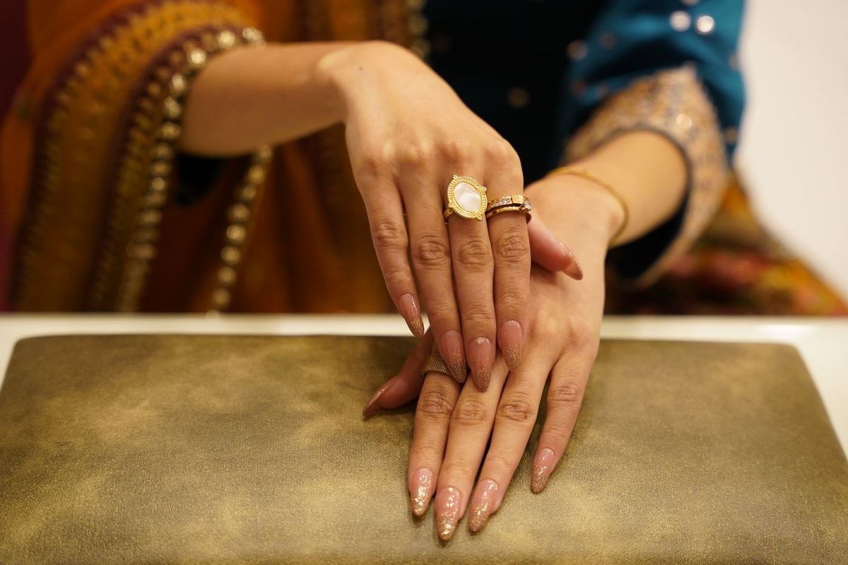Almond french manicure with rings