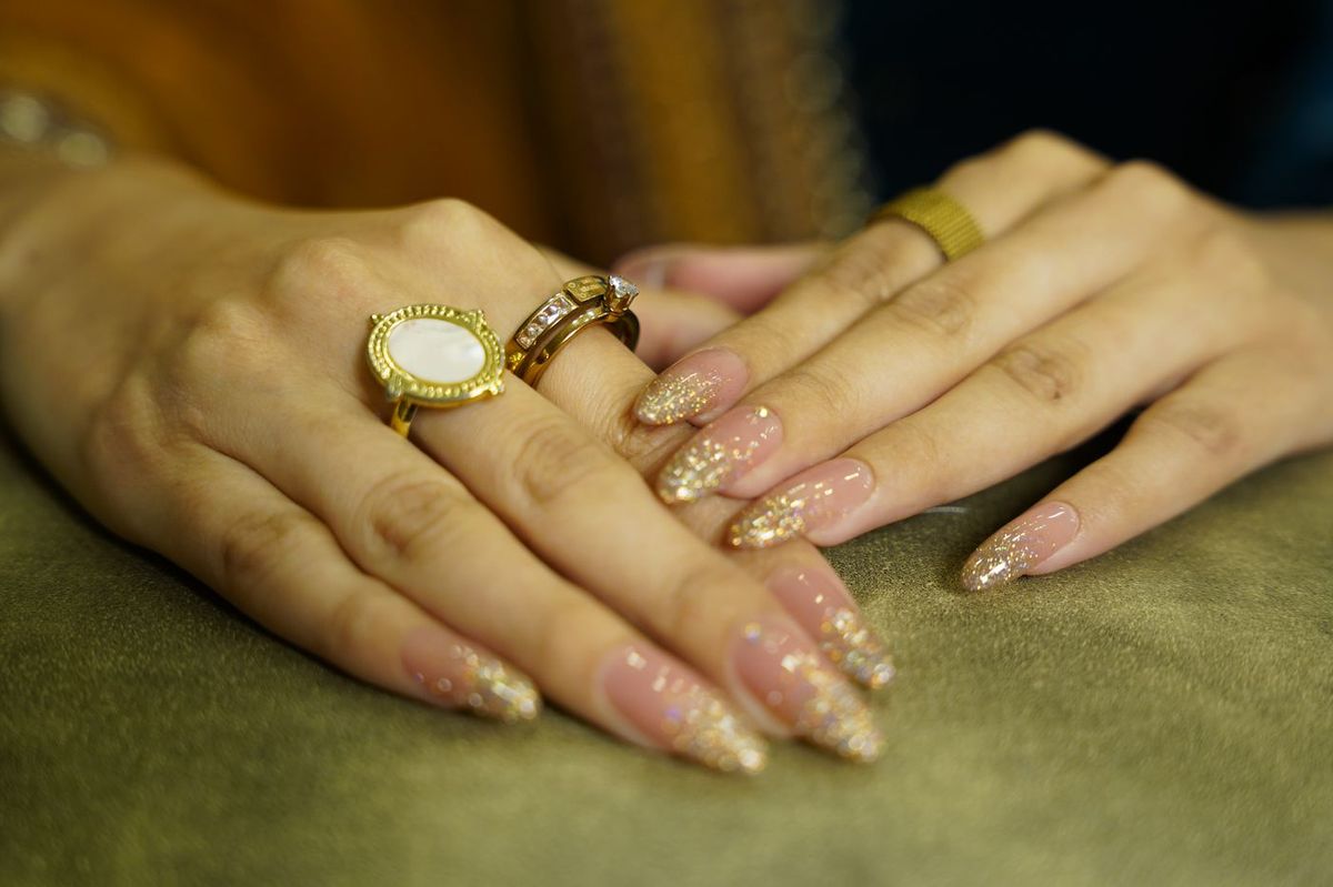 Almond french manicure with rings